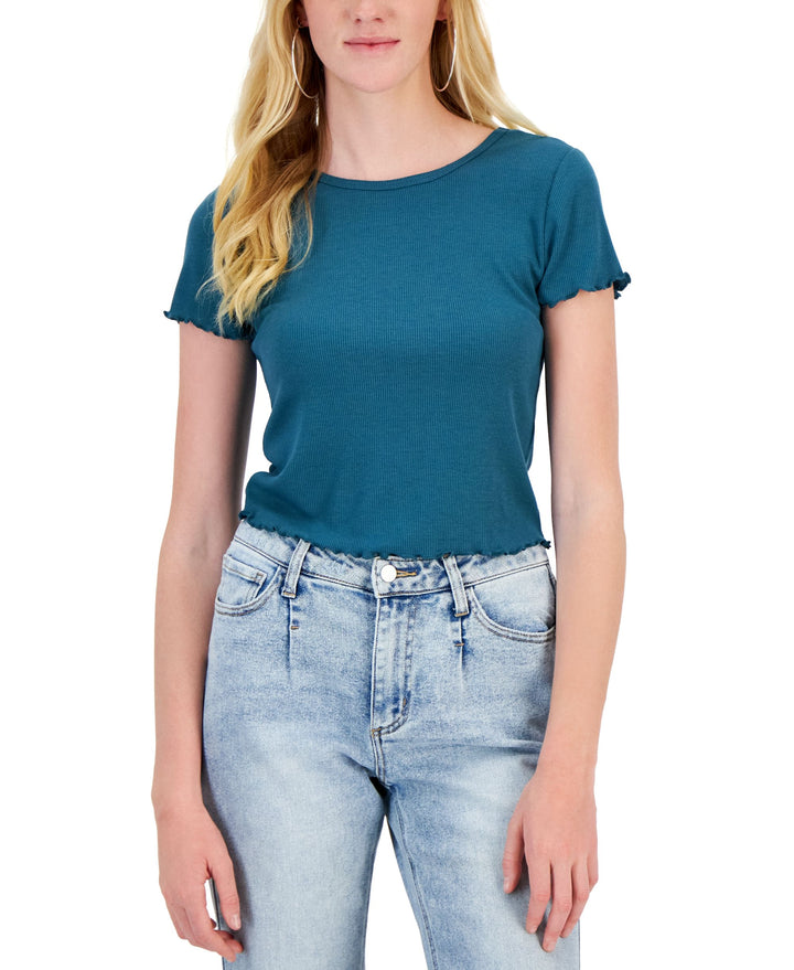 Juniors' Rib-Knit Lettuce-Edge Crewneck Tee