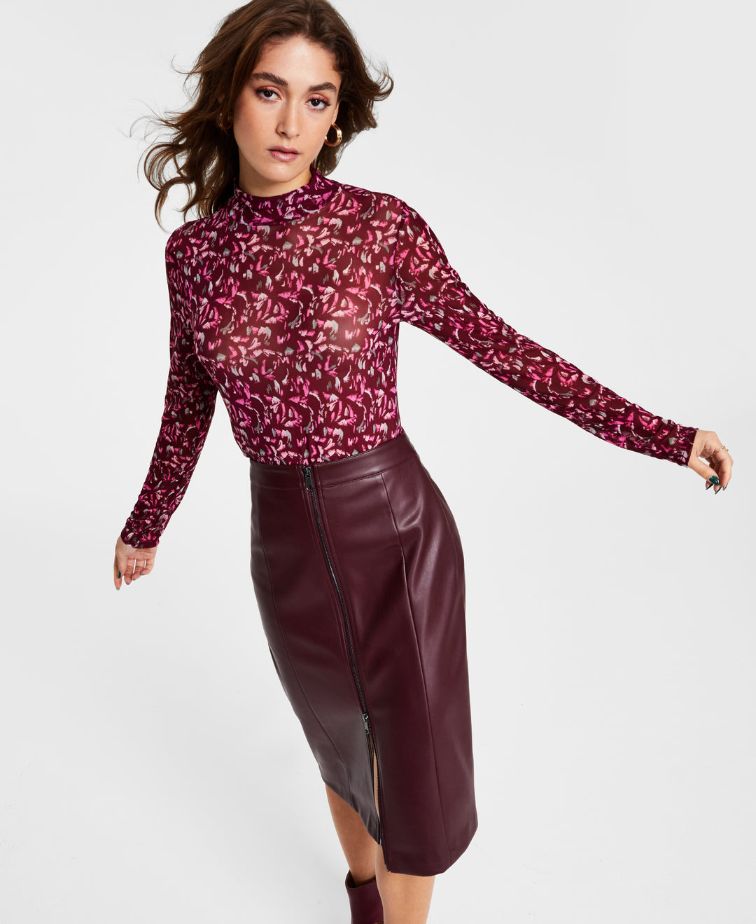 Women's Printed Mesh Mock-Neck Top Spckld Paint C M