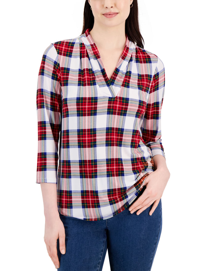 Petite Plaid Pleated-Neck 3/4-Sleeve Top