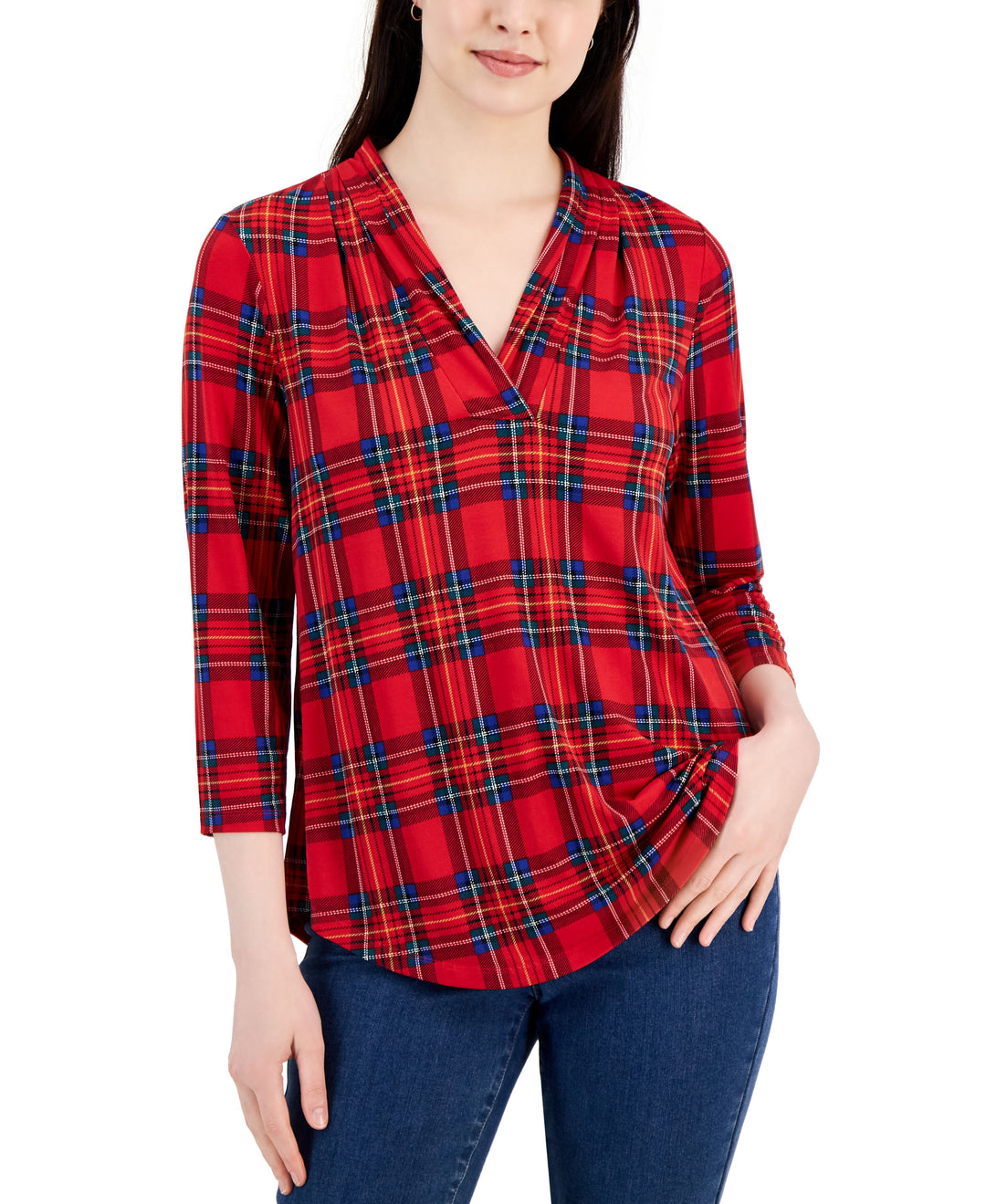 Petite Plaid Pleated-Neck 3/4-Sleeve Top