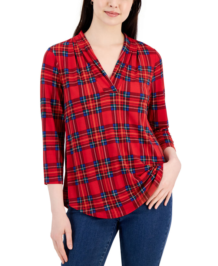 Petite Plaid Pleated-Neck 3/4-Sleeve Top
