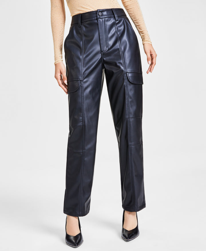 Women's Mock Neck Long-Sleeve Top & Faux-Leather Cargo Pants