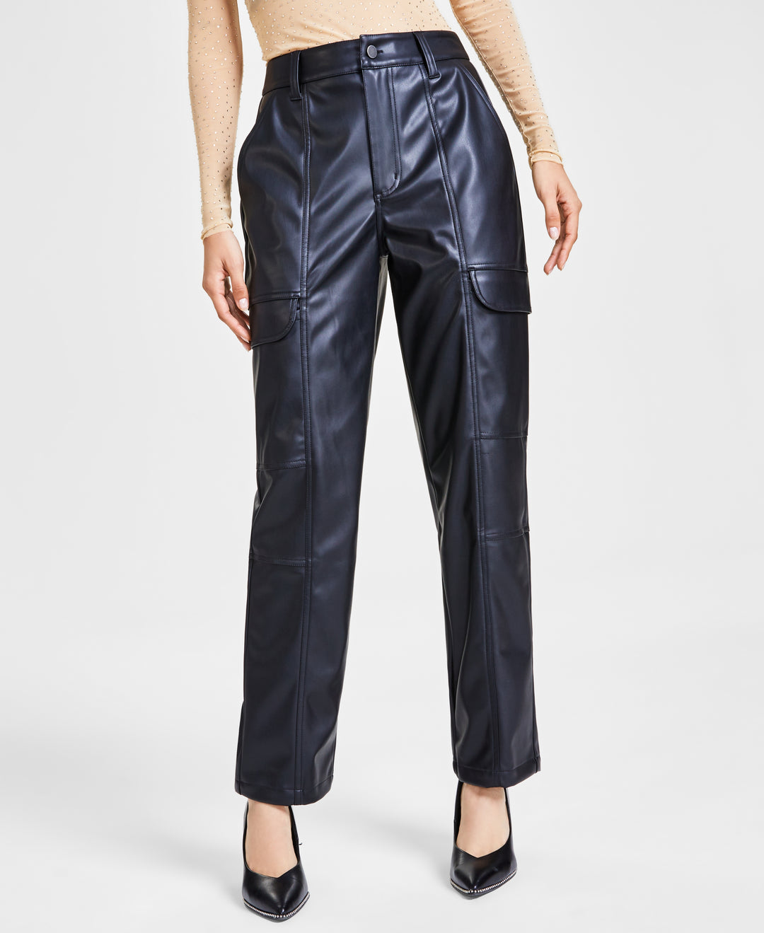 Women's Mock Neck Long-Sleeve Top & Faux-Leather Cargo Pants