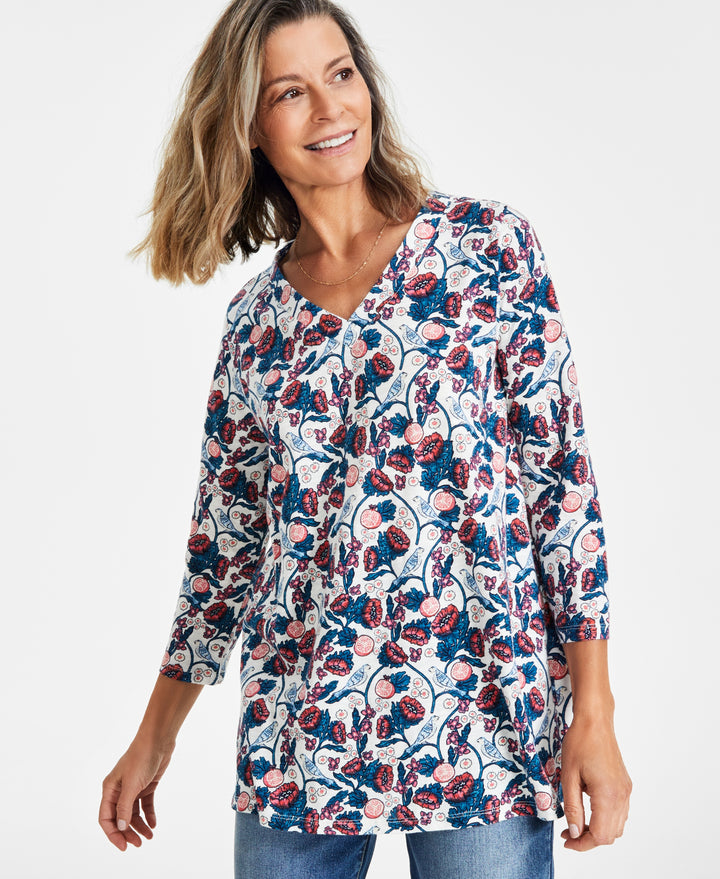 Women's Cotton V-Neck 3/4-Sleeve Top Meadow Shitake XS