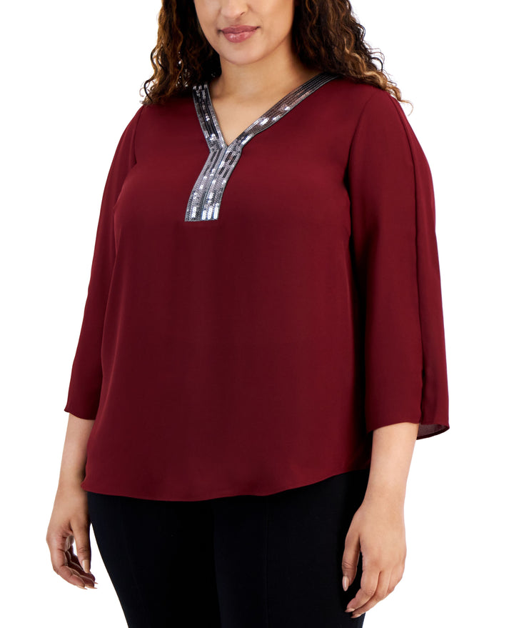 Plus Size Sequined-Neck 3/4-Sleeve Top