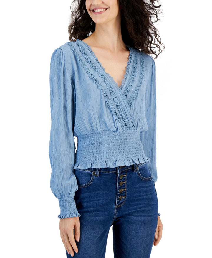 Juniors' Surplice-Neck Long-Sleeve Clip Dot Smocked Top