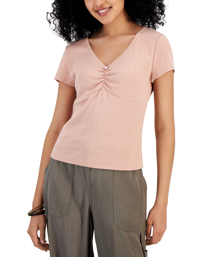 Juniors' Ruched V-Neck T-Shirt