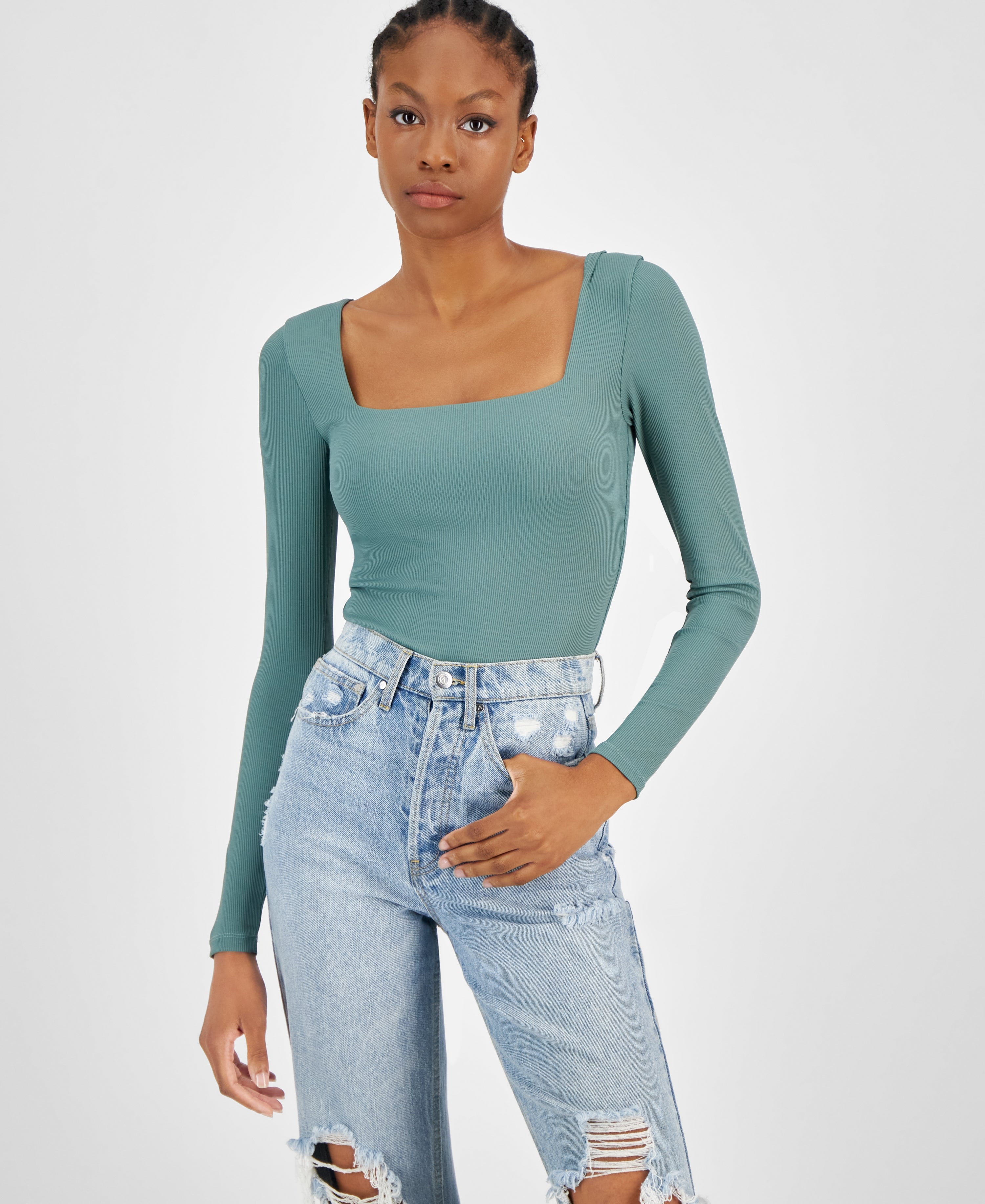 Women's Square Neck Double Layered Ribbed Bodysuit Meadowland M