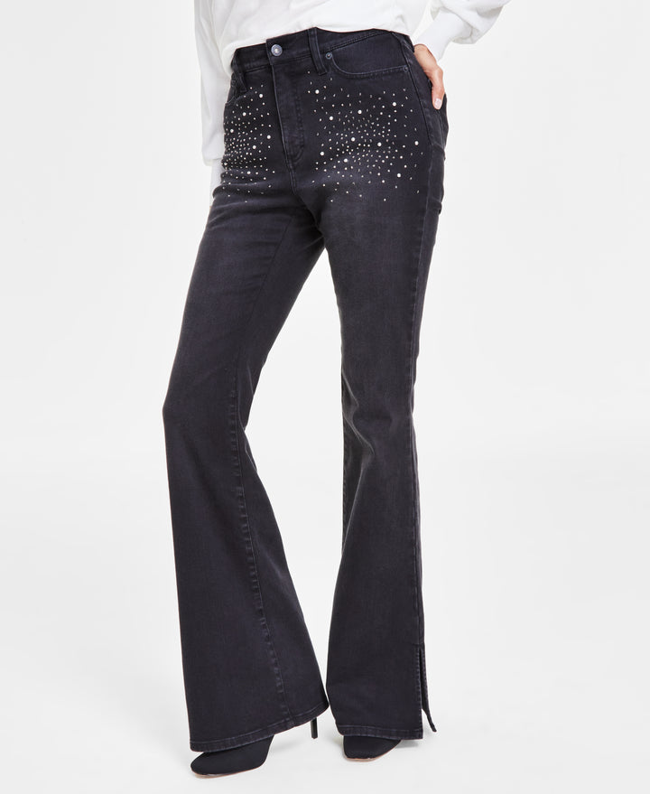 Women's Double V-Neck Sweater & High-Rise Rhinestone-Studded Flare Jeans