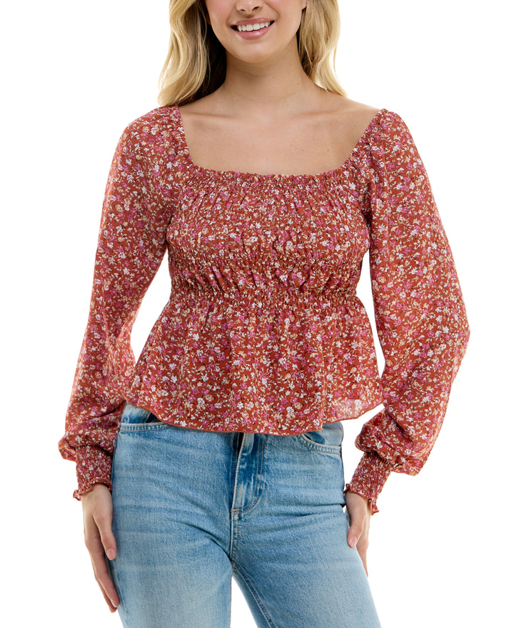Juniors' Smocked Peplum Top