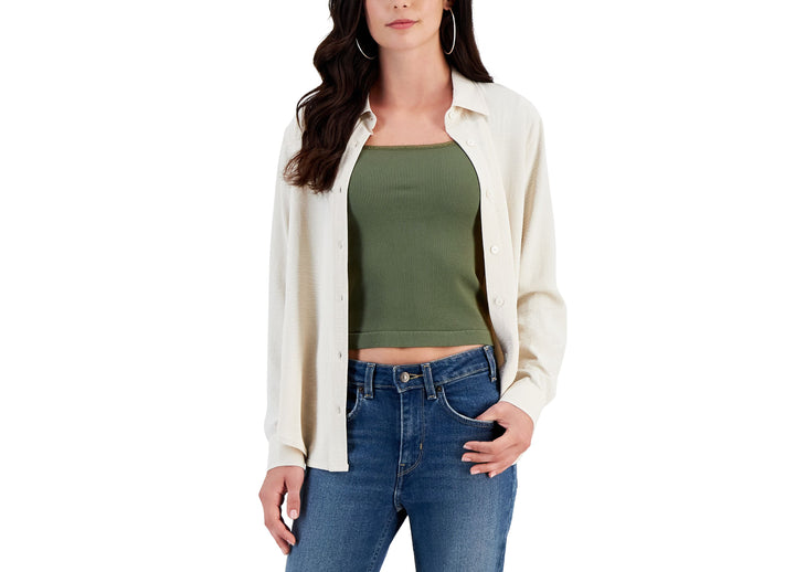 Juniors' Button-Up Long-Sleeve Boyfriend Shirt