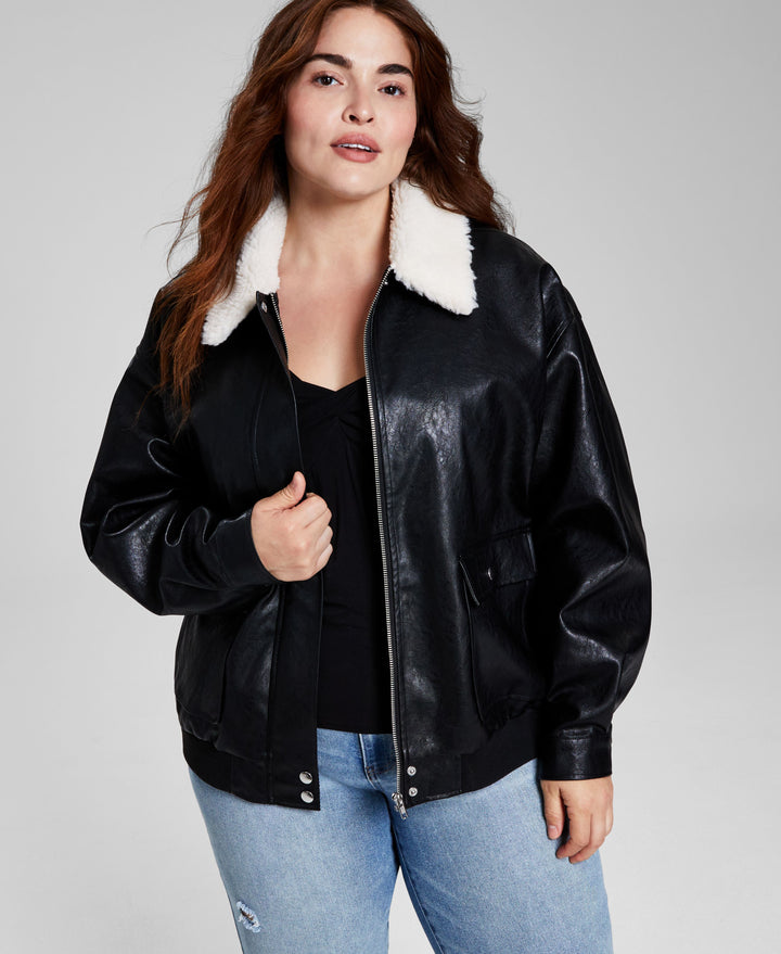 Women's Trendy Plus Size Faux-Leather Fleece-Trim Jacket