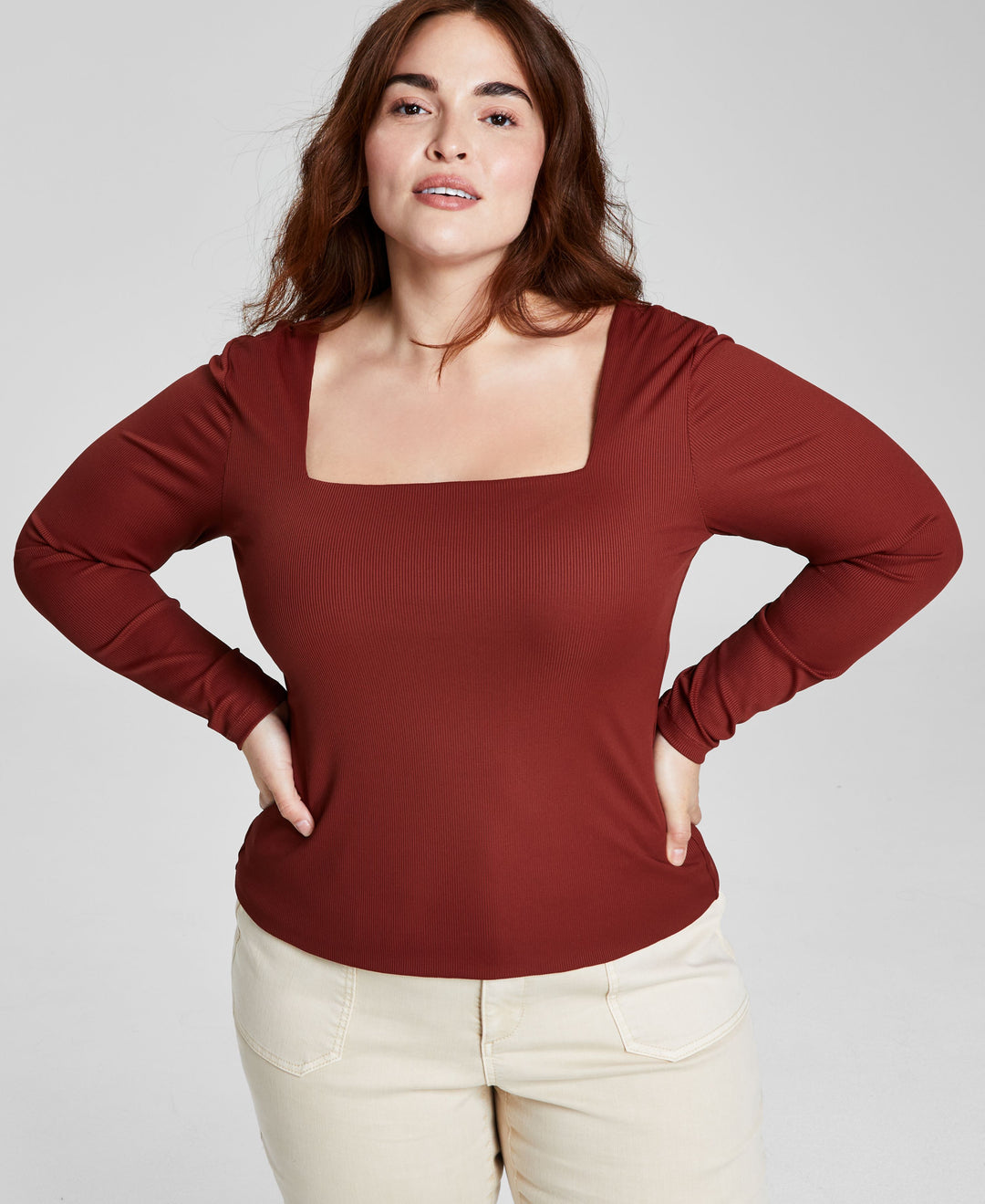 Trendy Plus Size Square-Neck Long-Sleeve Top