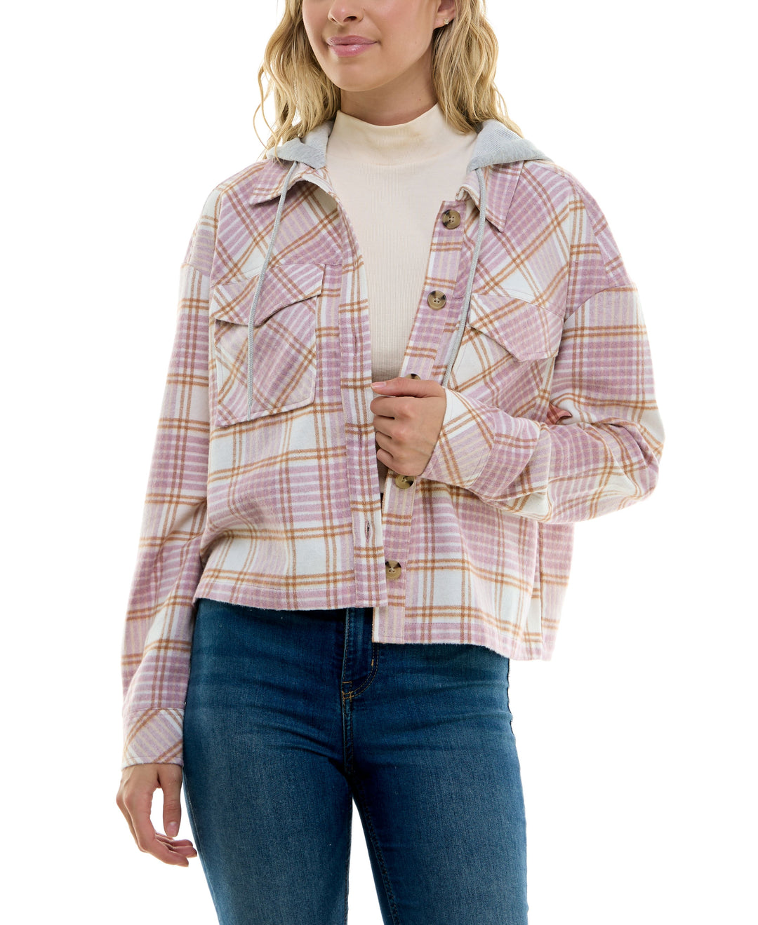 Juniors' Plaid Hoodie Shacket