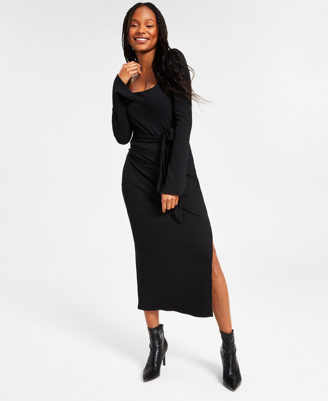 Women's Long-Sleeve Square-Neck Tie Rib Midi Dress