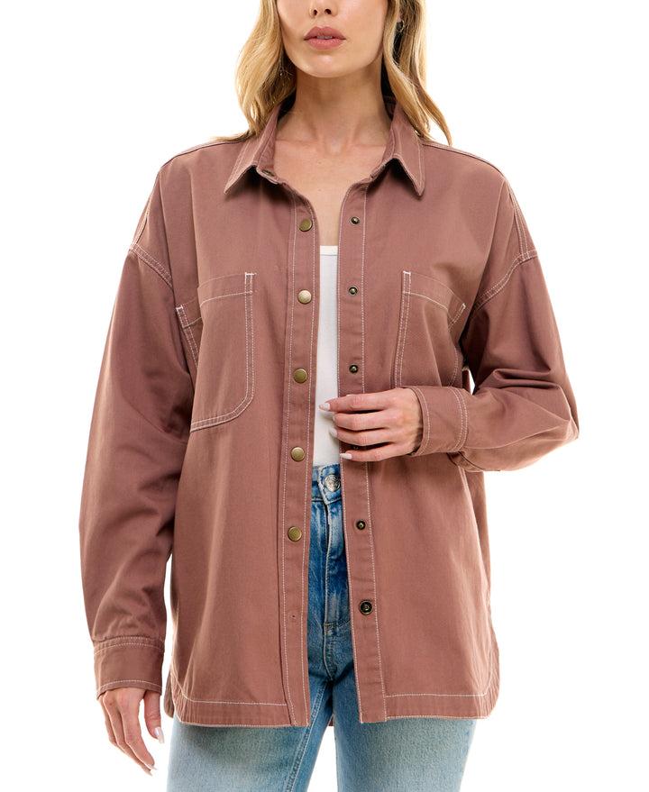 Juniors' Cotton Twill Snap-Front Shacket