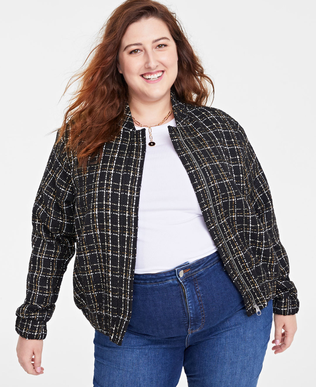 Plus Size Metallic Tweed Bomber Jacket