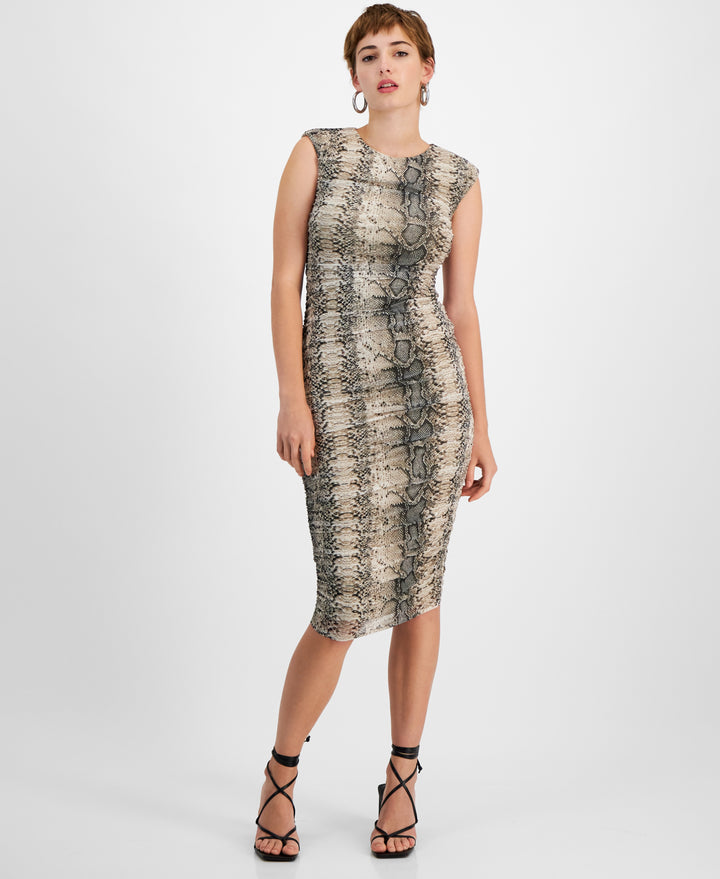 Women's Snake-Print Sleeveless Ruched Mesh Midi Dress Snake Python D S