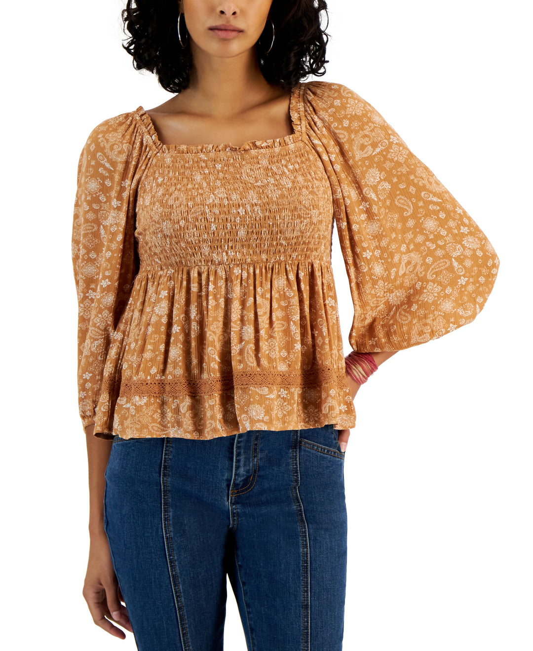 Juniors' Long Sleeve Square-Neck Smocked Top