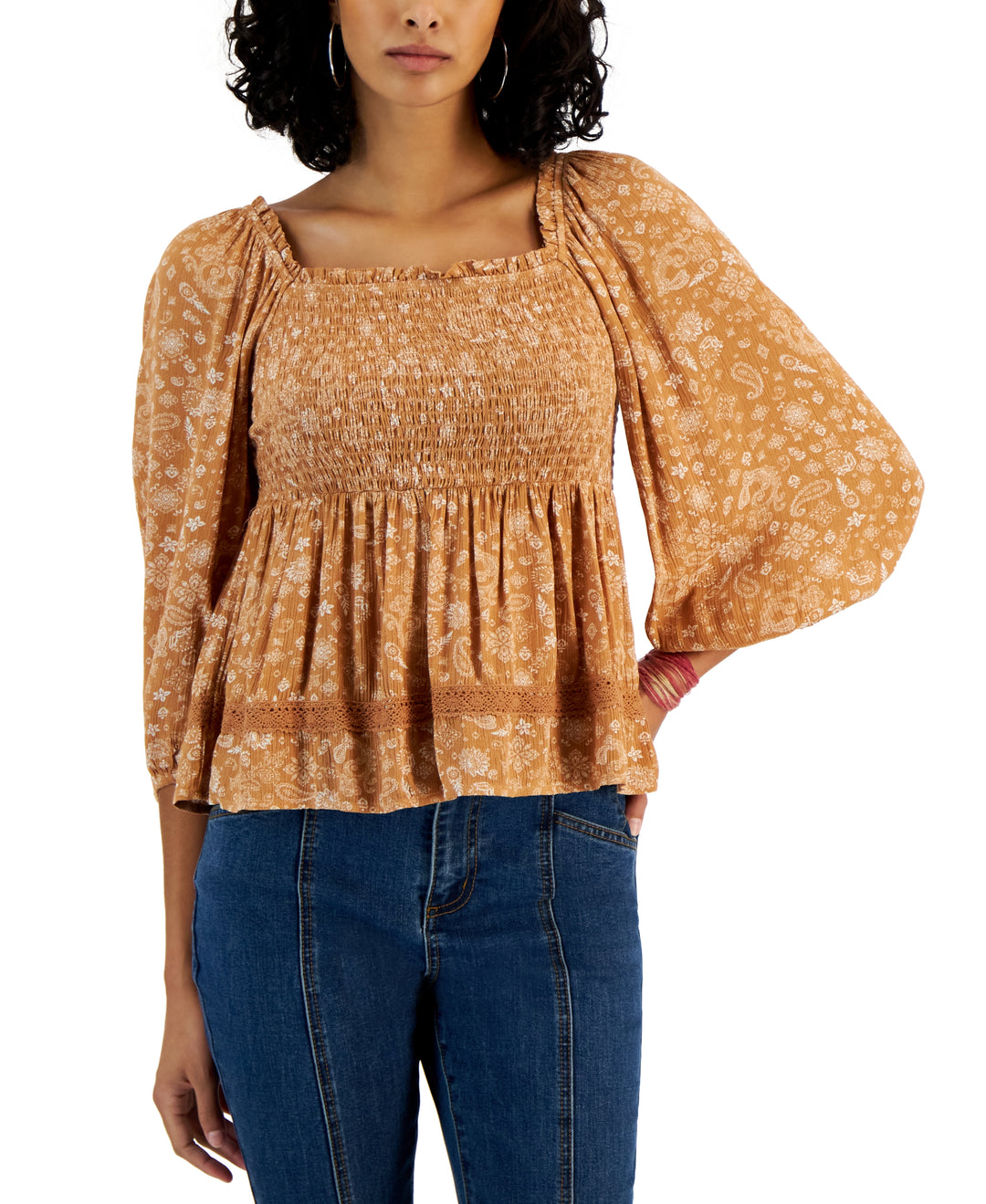 Juniors' Long Sleeve Square-Neck Smocked Top