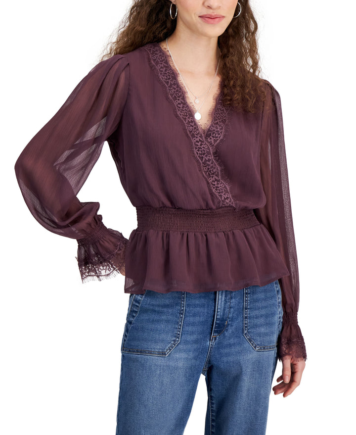 Juniors' Lace-Trim Bell-Sleeve Peasant Top