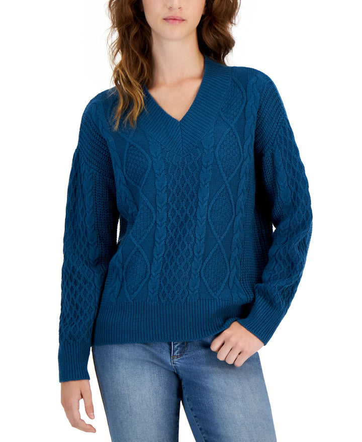 Juniors' V-Neck Cable-Knit Sweater