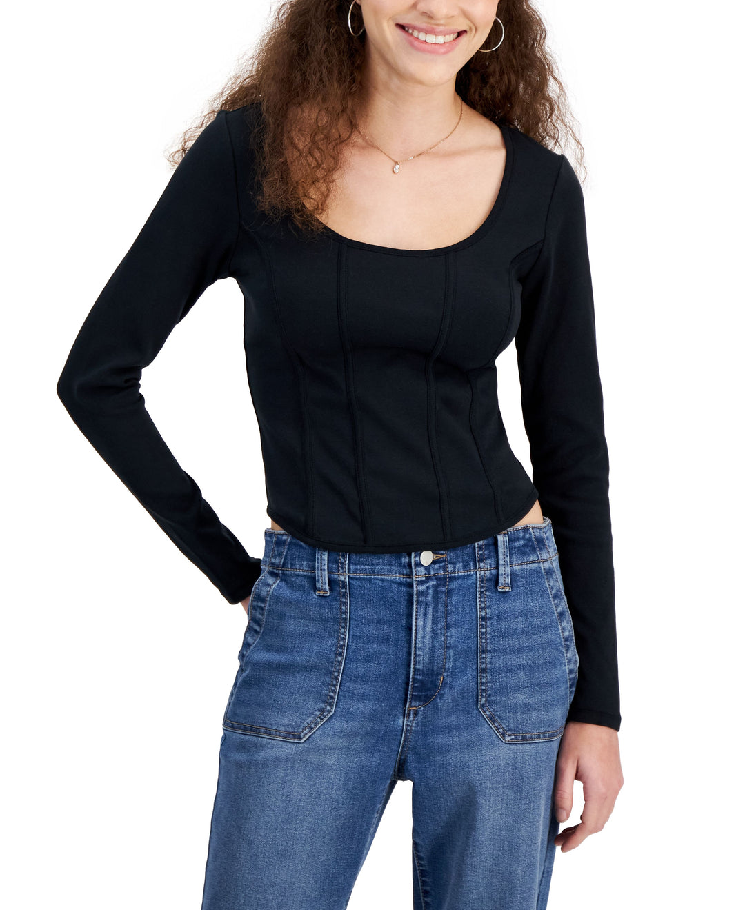 Crave Fame Juniors' Long-Sleeve Corset Knit Top
