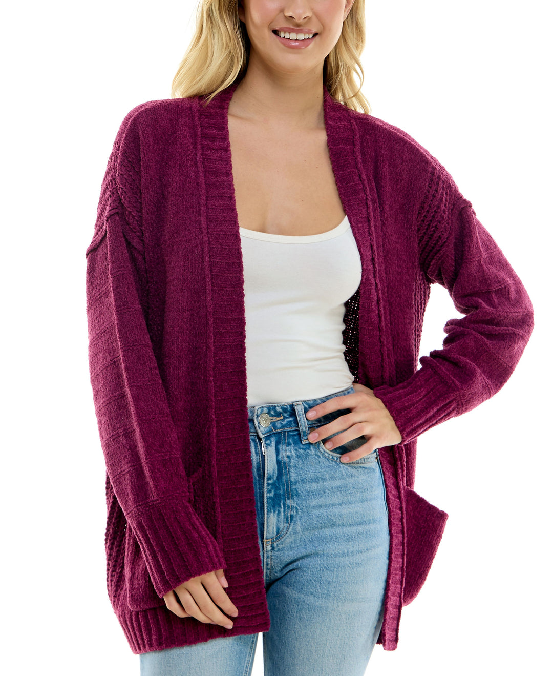 Juniors' Chenille Open-Front Patch-Pocket Cardigan
