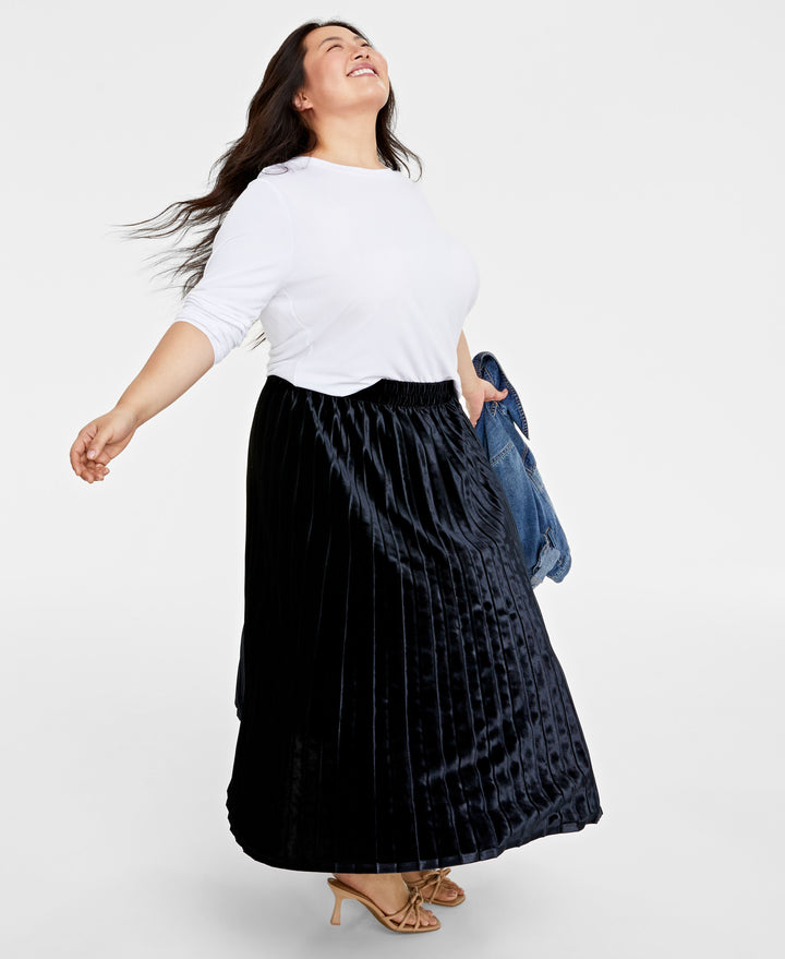 Plus Size Velvet Pleated Midi Skirt