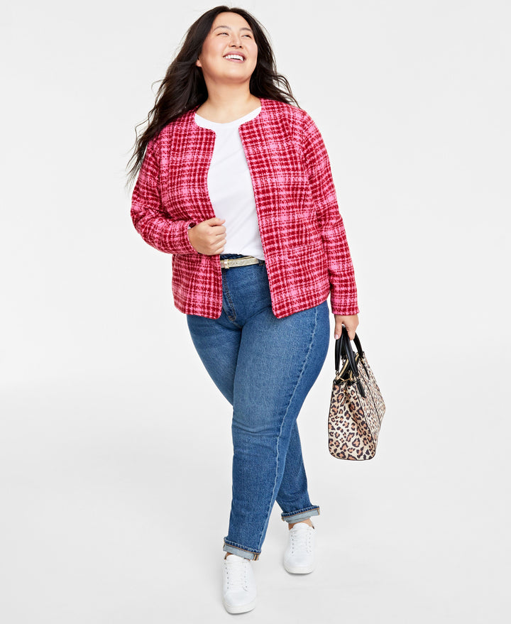 Plus Size Tweed Collarless Jacket