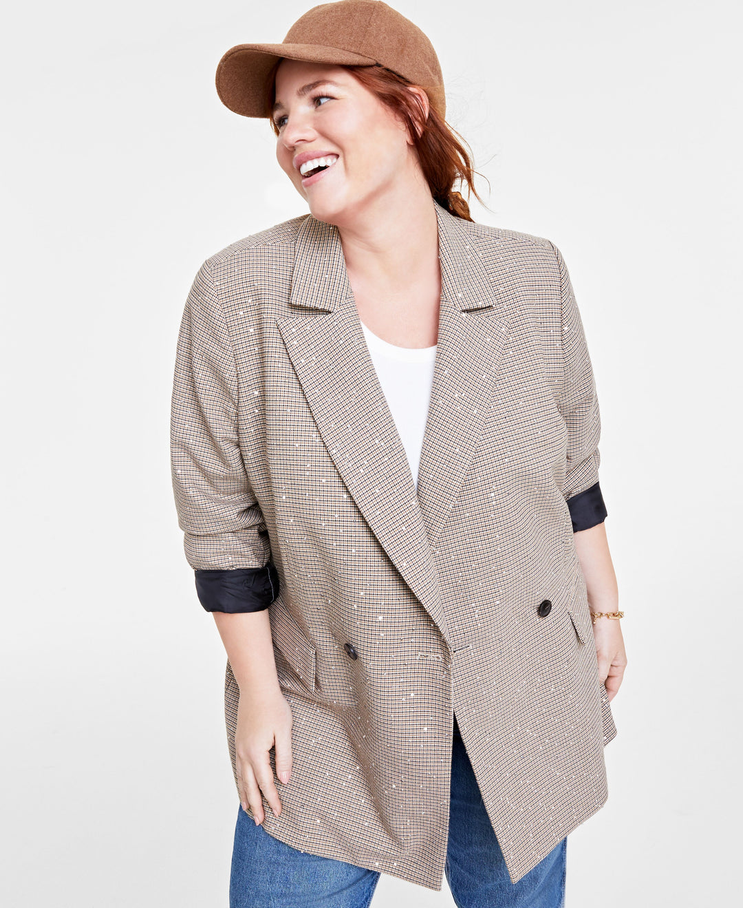 Plus Size Sequined Plaid Double-Breasted Blazer
