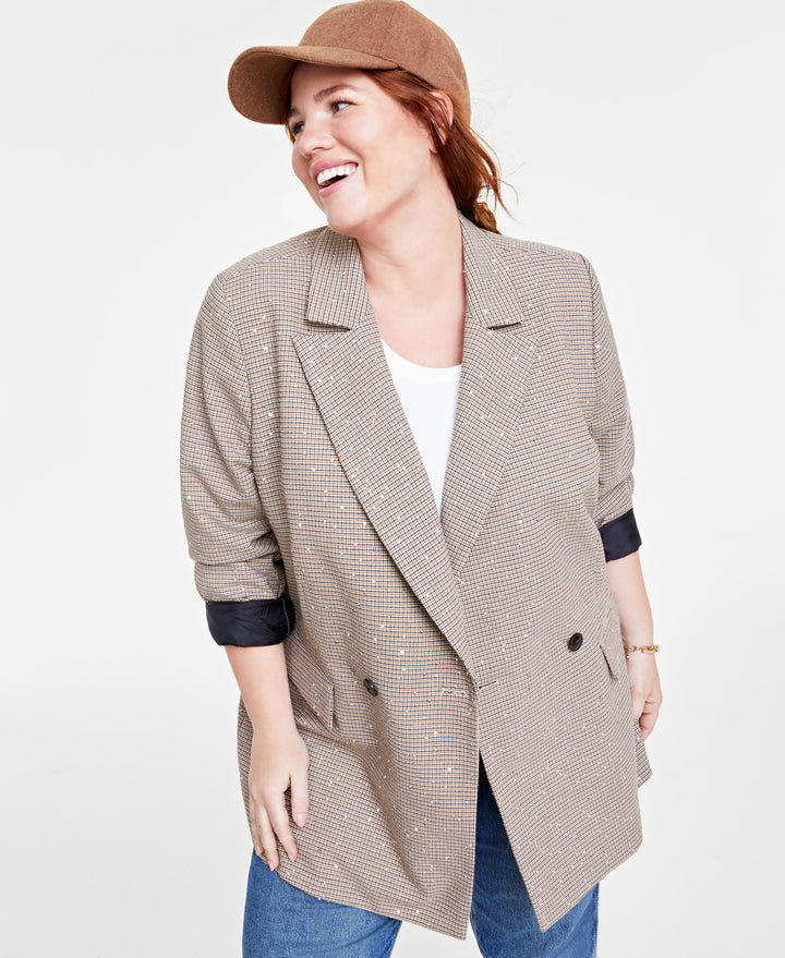 Plus Size Sequined Plaid Double-Breasted Blazer