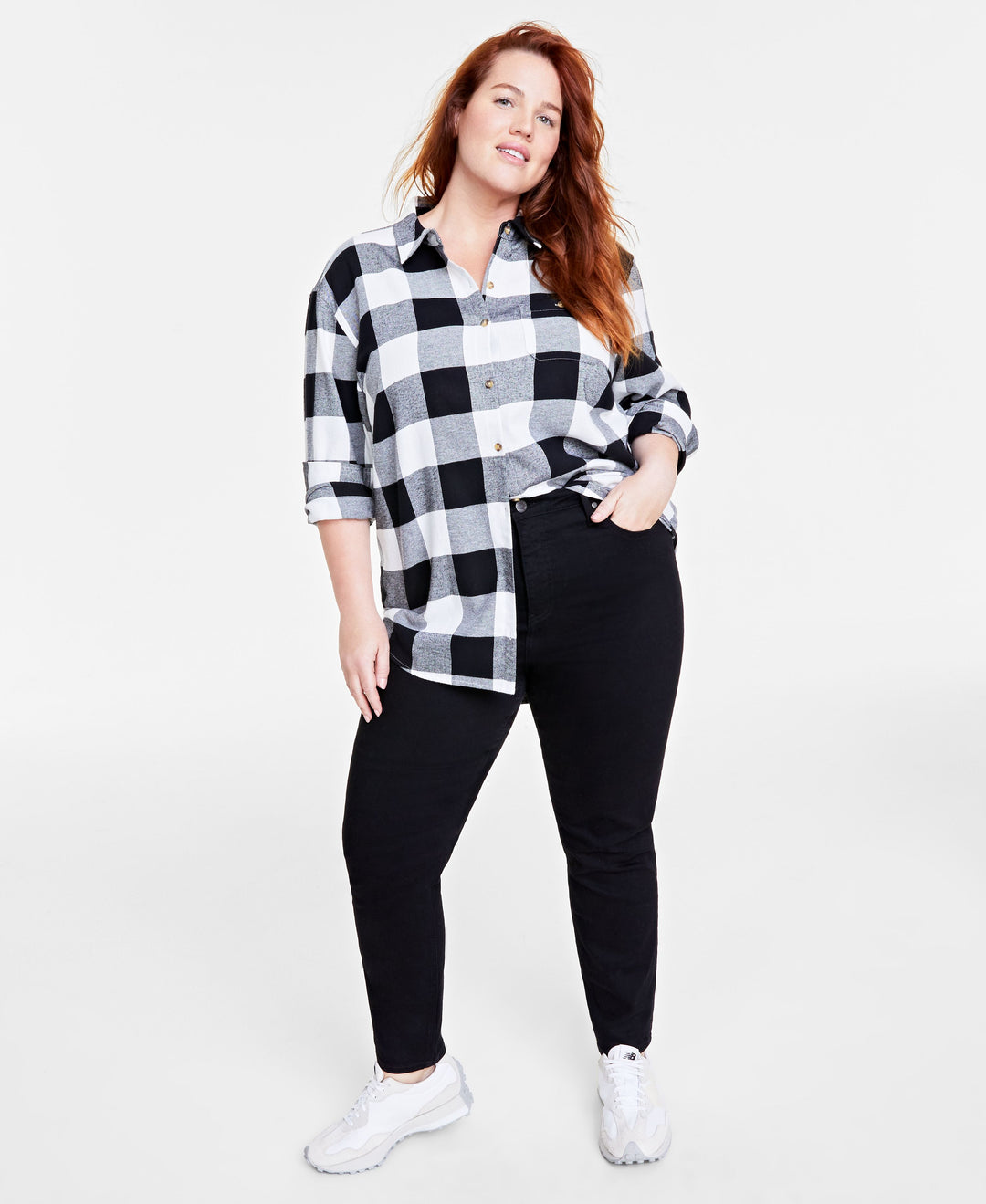 Plus Size Cotton Flannel Plaid Tunic Shirt