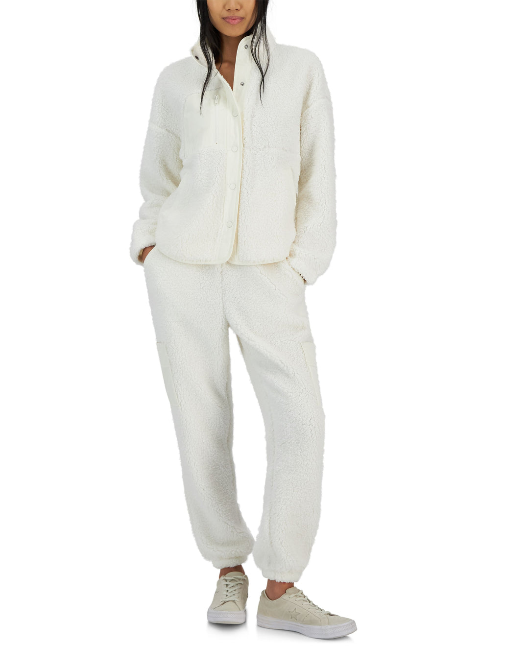 Juniors' Snap-Front Sherpa Jacket & Cargo Sherpa Joggers