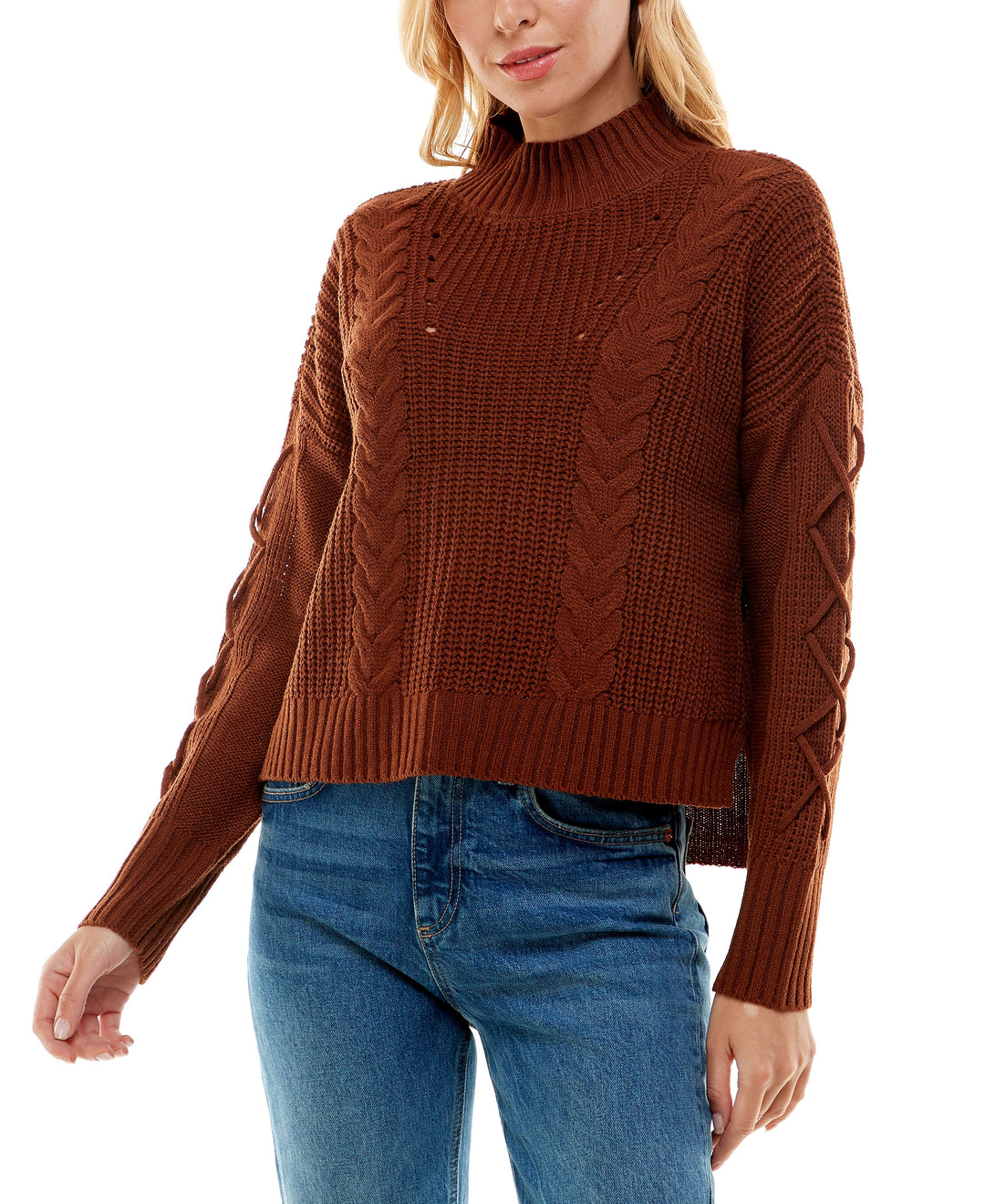 Juniors' Mock-Neck Lace-Up-Sleeve Sweater