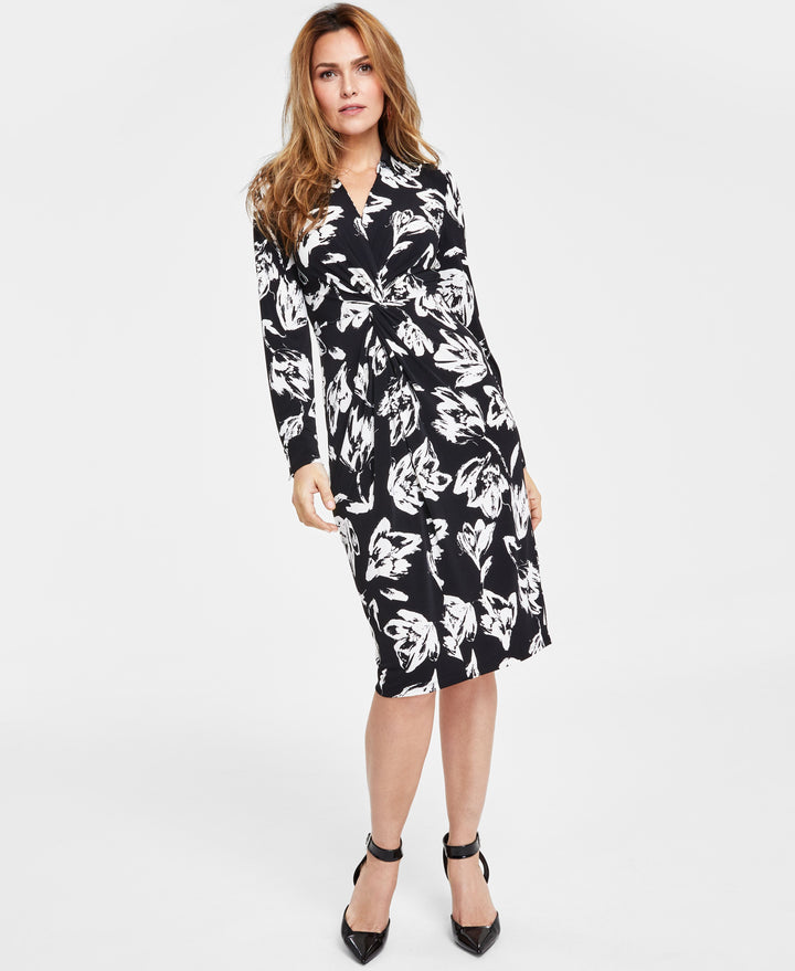 Petite Printed Twist-Front Midi Dress