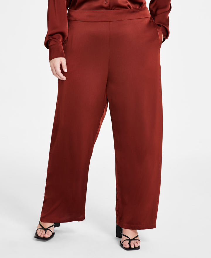 Trendy Plus Size Satin Button-Front Shirt & Satin Wide-Leg Pants