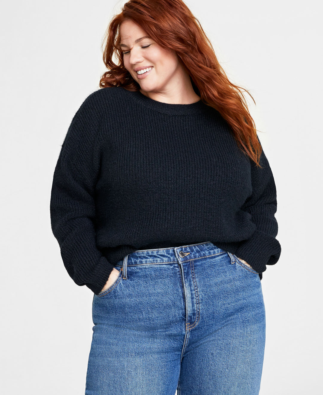 Plus Size Crewneck Long-Sleeve Shaker Sweater