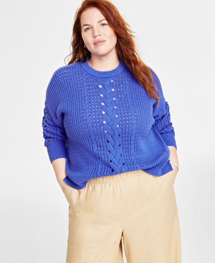 Plus Size Crewneck Spring Cotton-Blend Cable-Knit Sweater