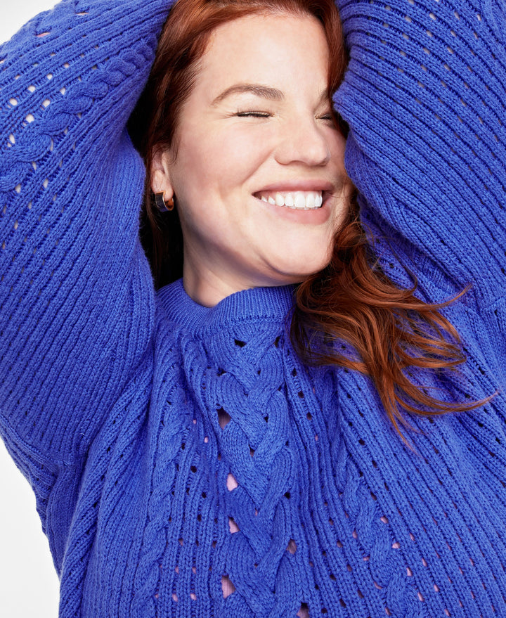 Plus Size Crewneck Spring Cotton-Blend Cable-Knit Sweater