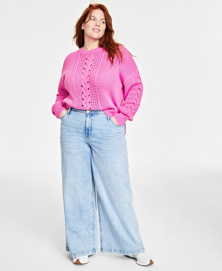 Plus Size Crewneck Spring Cotton-Blend Cable-Knit Sweater