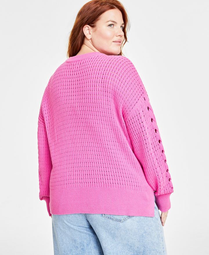 Plus Size Crewneck Spring Cotton-Blend Cable-Knit Sweater