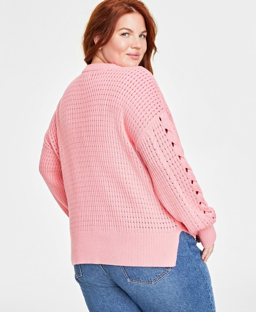 Plus Size Crewneck Spring Cotton-Blend Cable-Knit Sweater