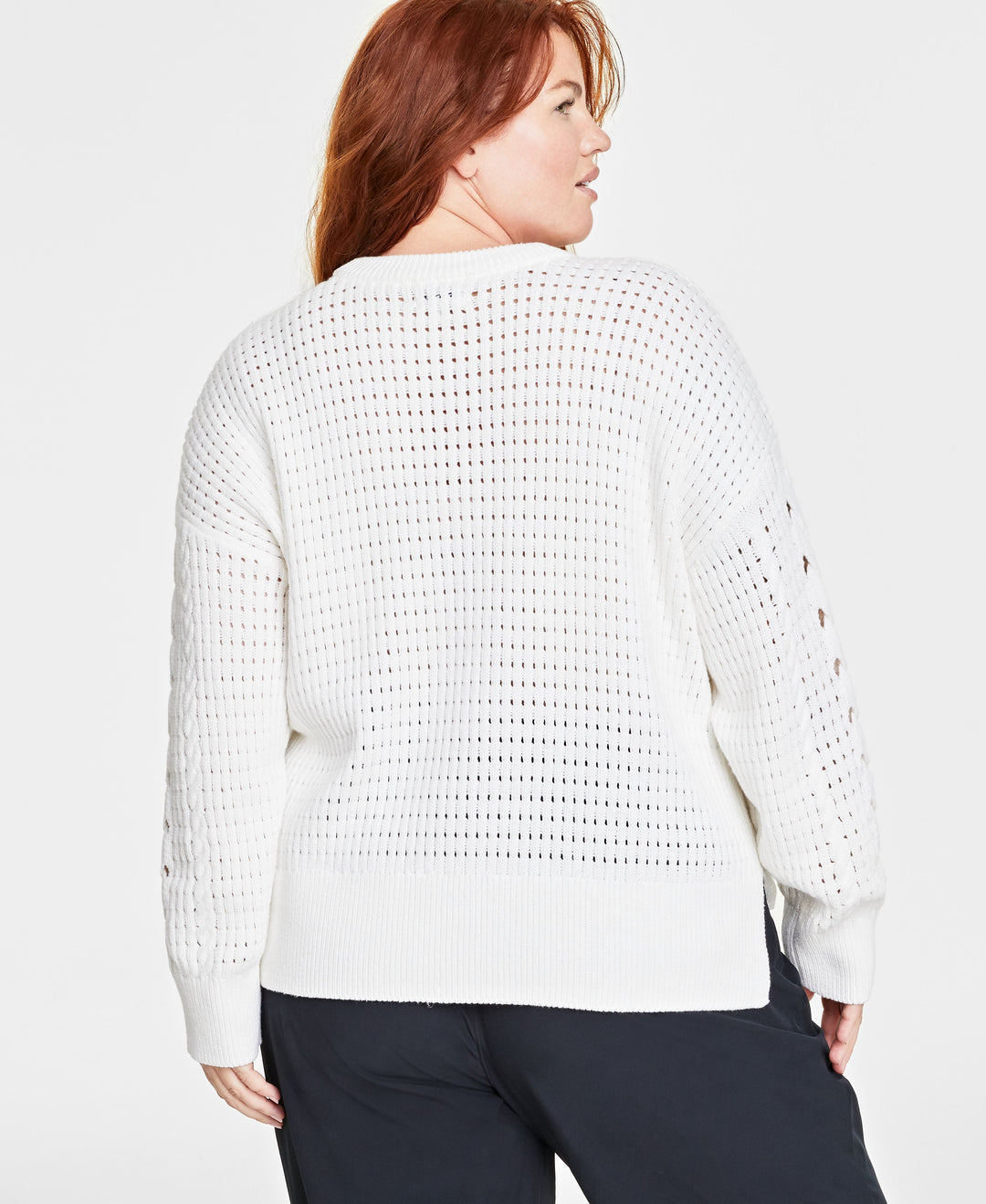 Plus Size Crewneck Spring Cotton-Blend Cable-Knit Sweater
