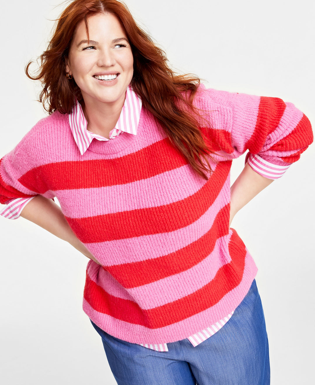 Plus Size Crewneck Striped Shaker Sweater