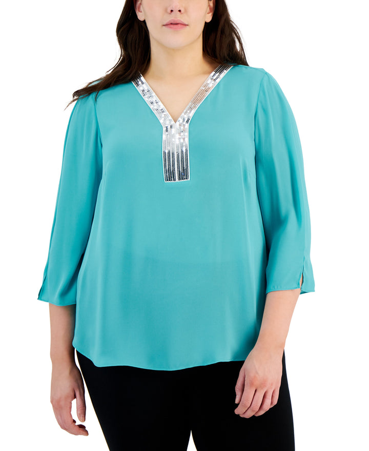 Plus Size Sequined-Neck 3/4-Sleeve Top