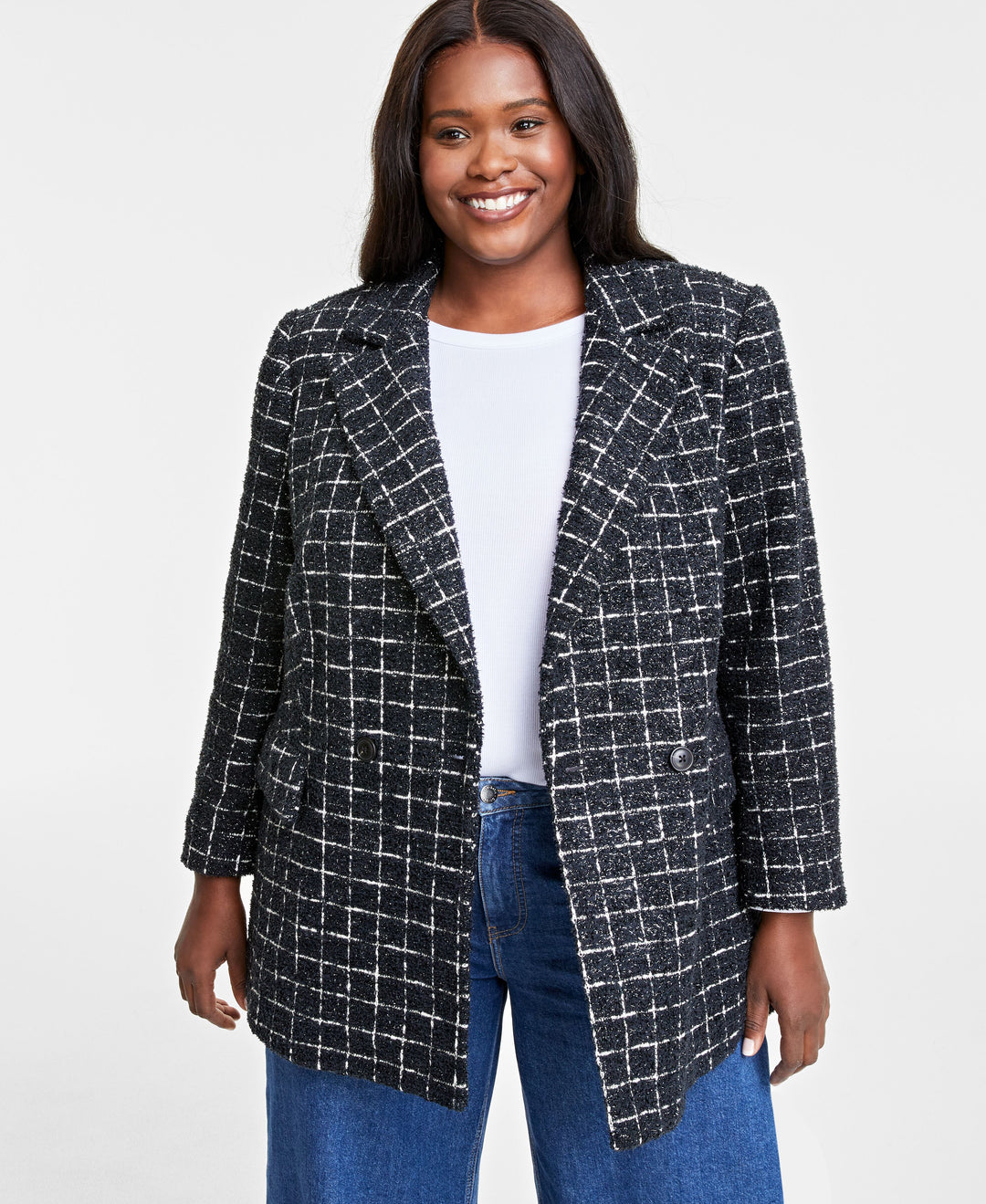 Plus Size Metallic Plaid Tweed Blazer