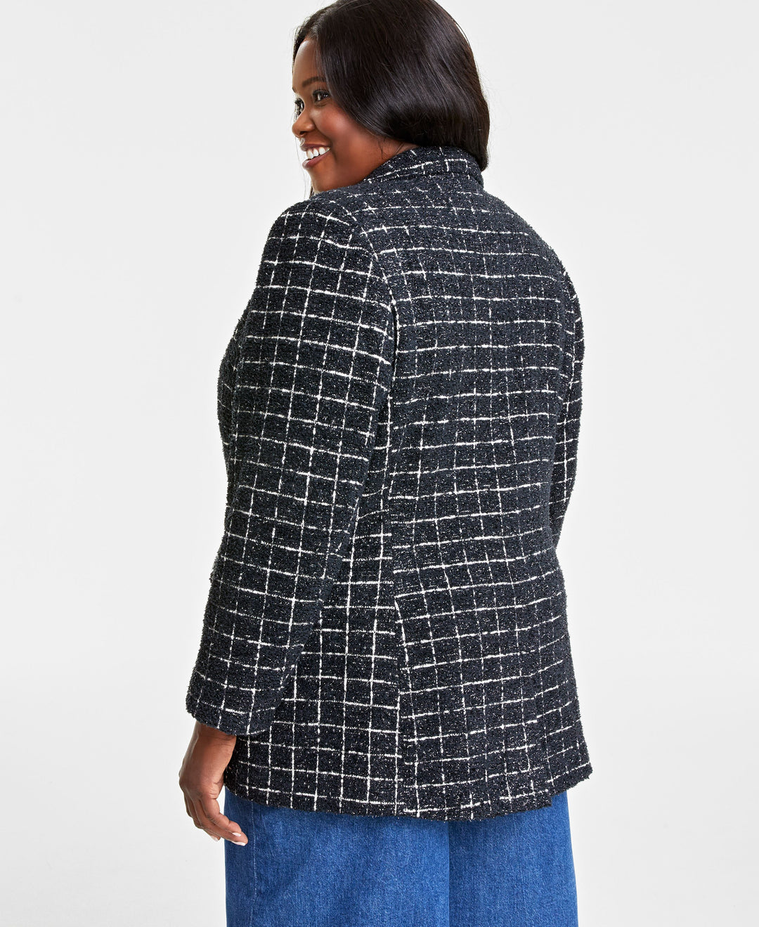 Plus Size Metallic Plaid Tweed Blazer