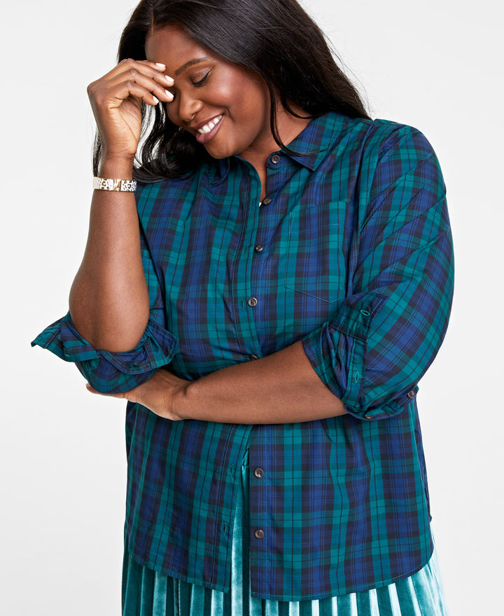 Plus Size Cotton Plaid Button-Front Shirt