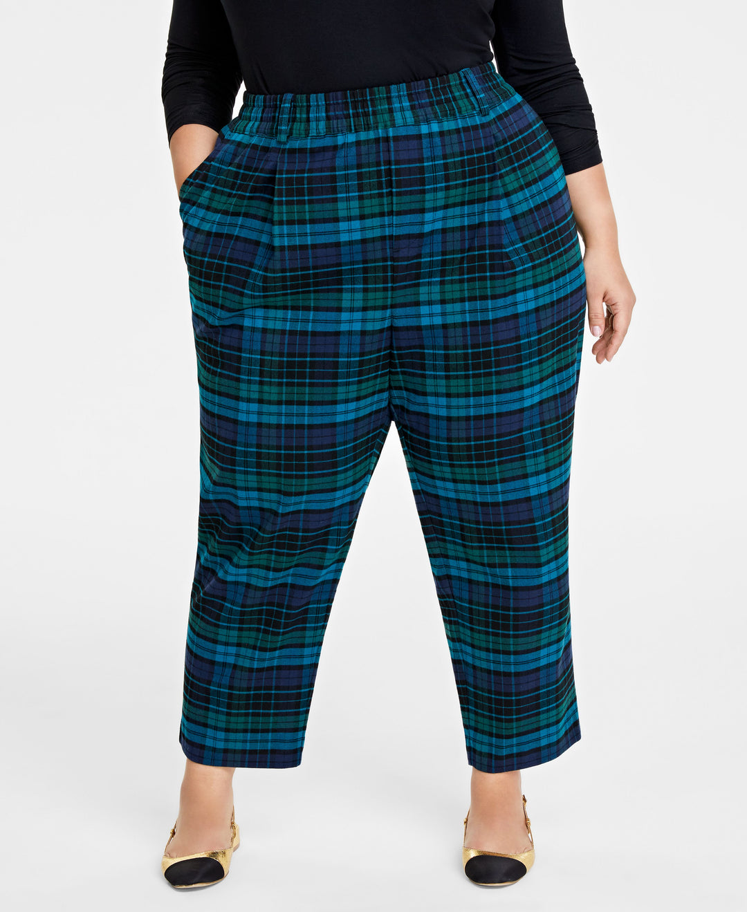 Plus Size Plaid Brushed Relaxed Ankle Pants